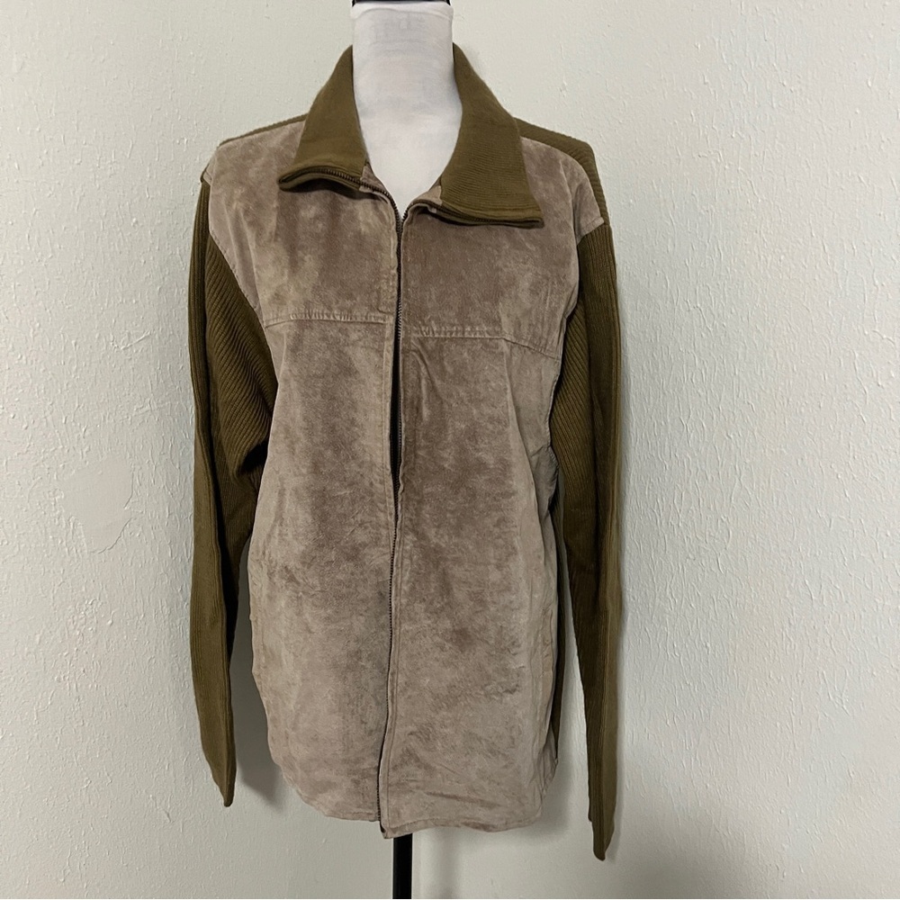 Marc Edwards Men’s Full Zip Acrylic/Leather Sweater Jacket Tan/Beige Size XL EUC